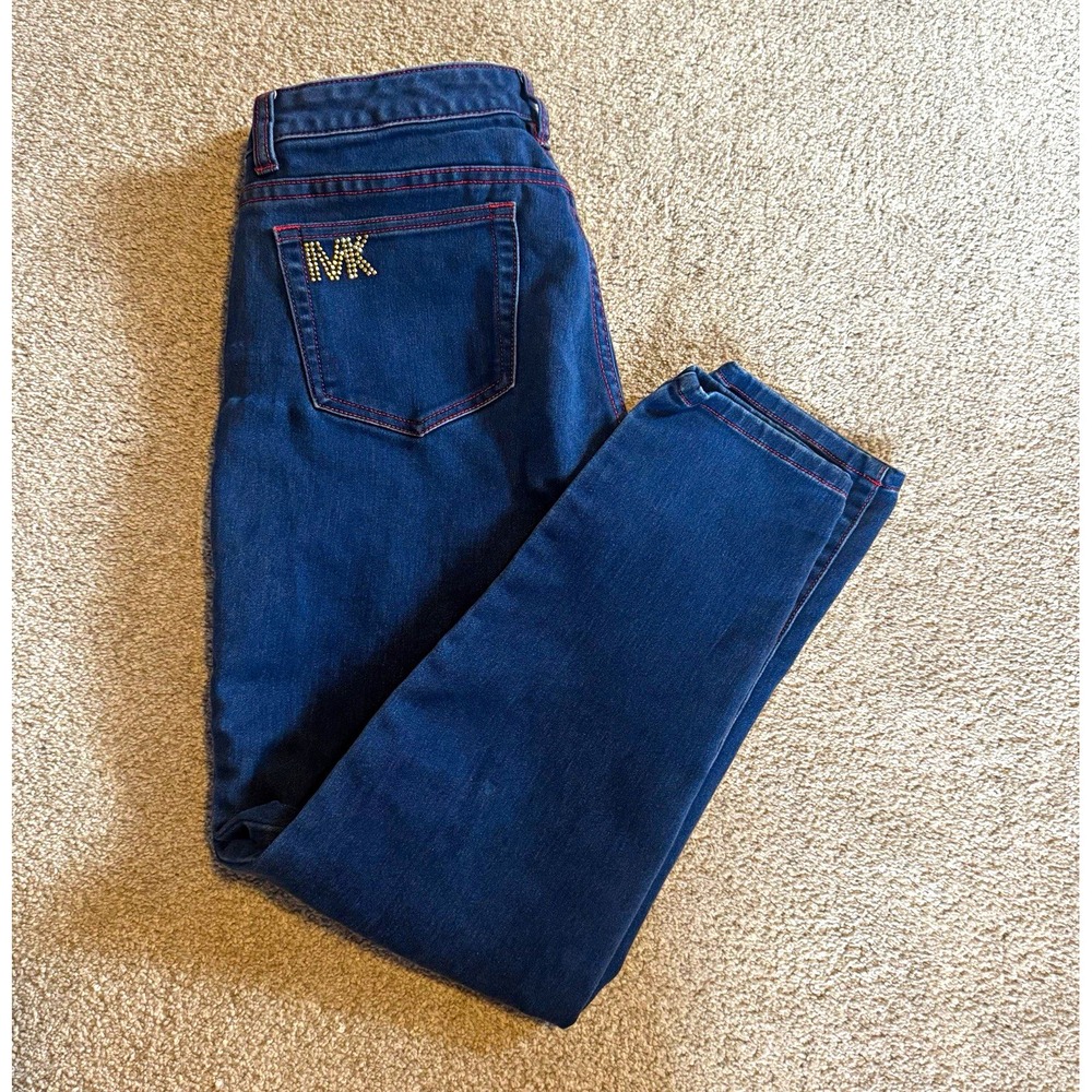 Michael Kors Women's Blue Skinny Jeans Denim 5-bedazzled Pocket Logo Size 8